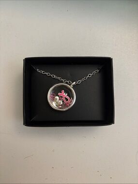 Silver Locket Necklace with Pink Ribbon Charm